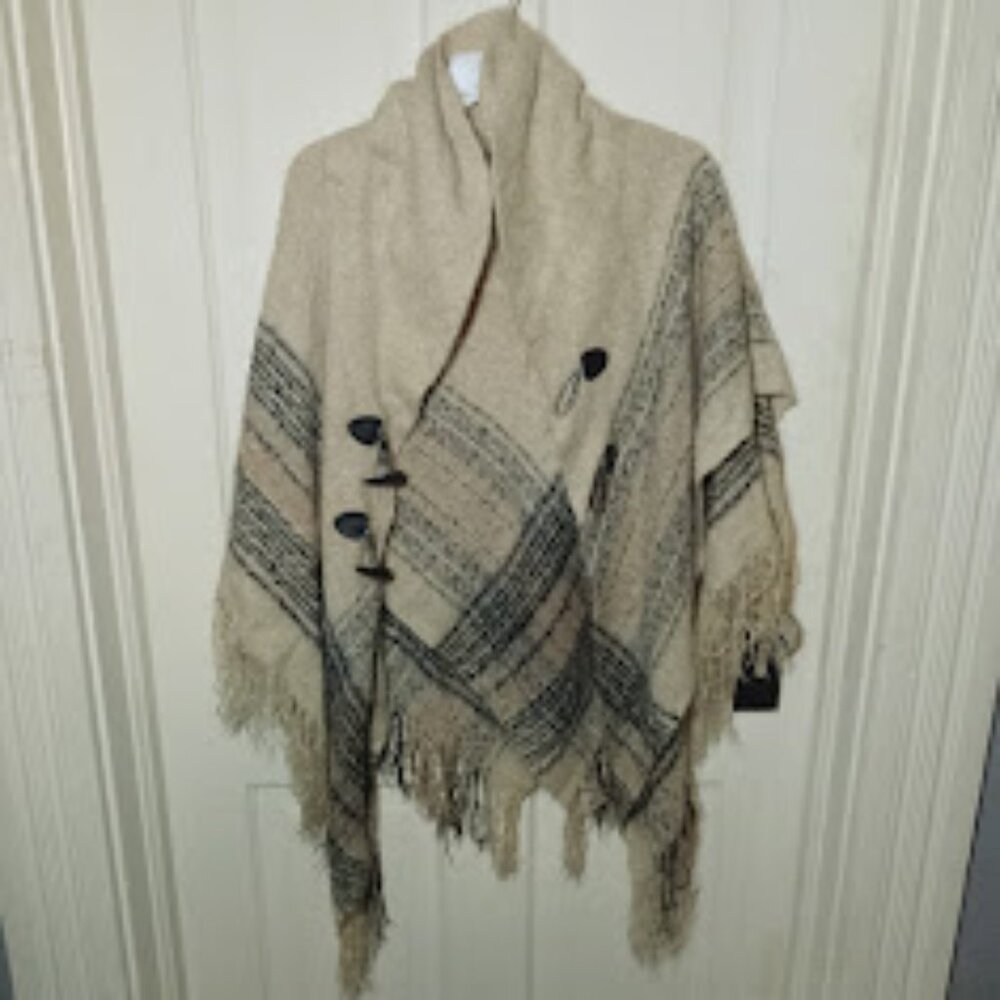 womens acrylic plaid poncho Kimono with fringe hem large toggle buttons